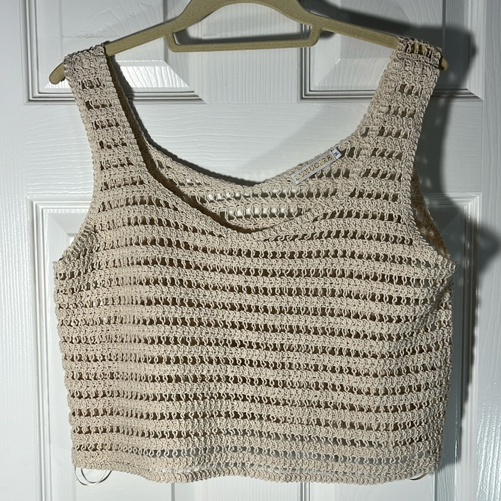 Luxuoire knit crochet mesh crop top sleeveless cream color size medium